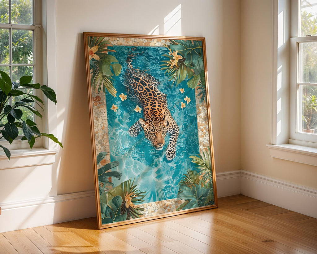 Colourful Prints | Leopard Swimming Pool Art Print | Tropical Jungle Decor wall art print, modern home decor, unframed artwork by Nomad & Nest