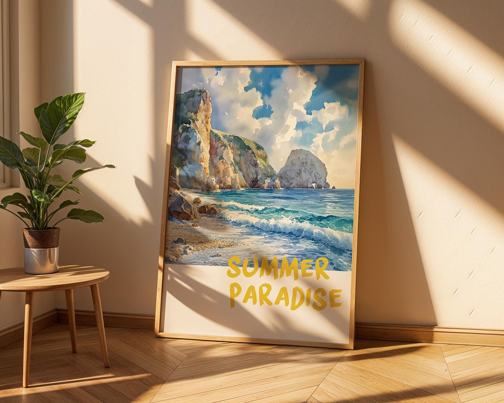 Colourful Prints | Coastal Cliffs Beach Scene Art Print | Summer Travel Poster wall art print, modern home decor, unframed artwork by Nomad & Nest