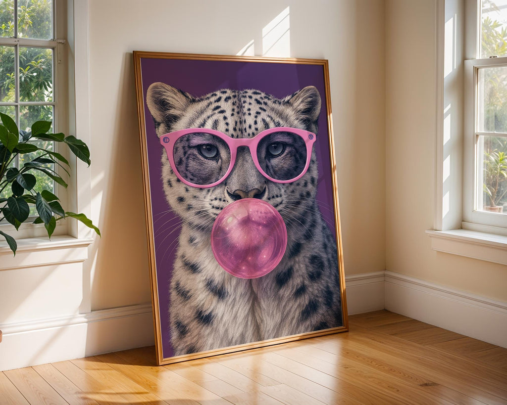Colourful Prints | Snow Leopard Bubblegum Print | Funky Animal Art wall art print, modern home decor, unframed artwork by Nomad & Nest