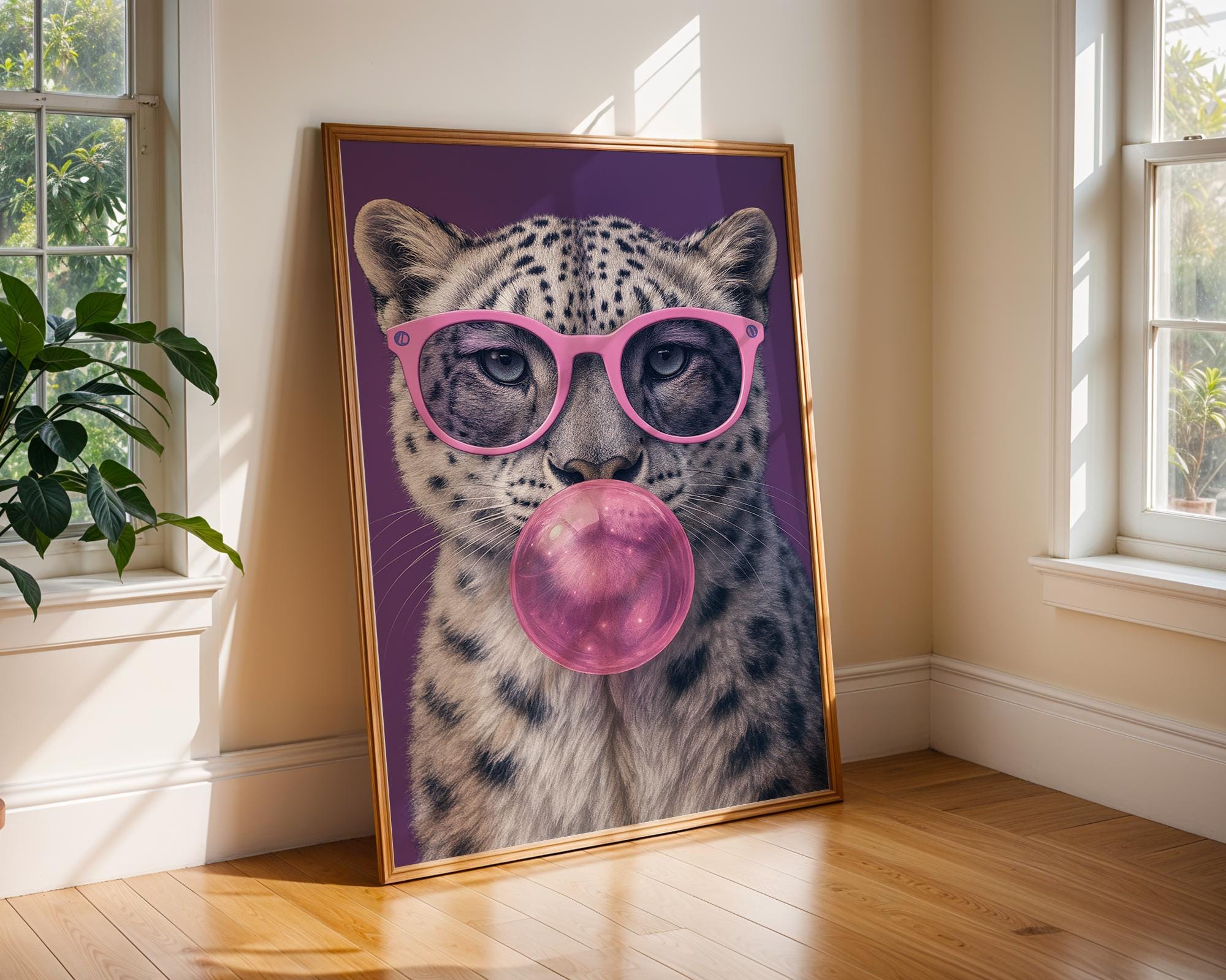 Colourful Prints | Snow Leopard Bubblegum Print | Funky Animal Art wall art print, modern home decor, unframed artwork by Nomad & Nest