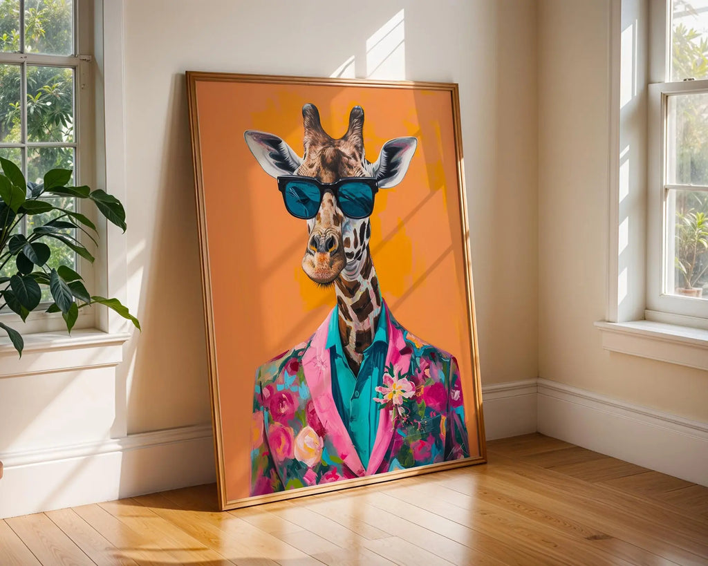 Colourful Prints | Giraffe in Floral Suit Art Print | Quirky Animal Portrait wall art print, modern home decor, unframed artwork by Nomad & Nest