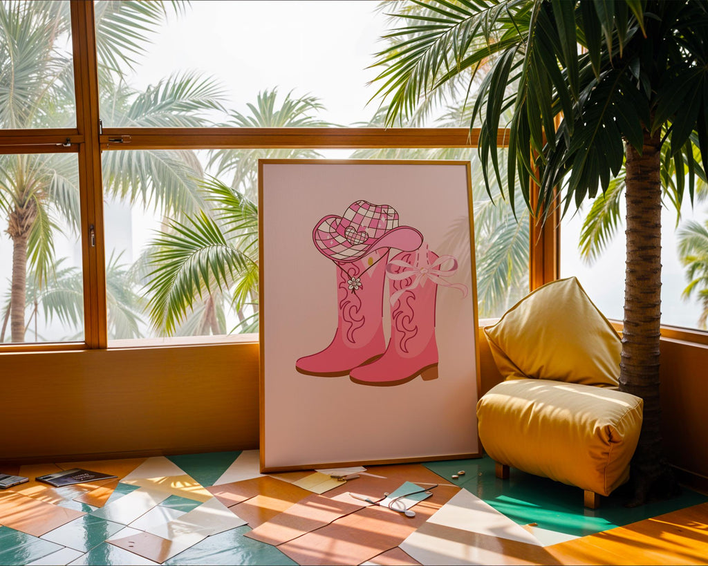 Pink Cowgirl Boots Art Print | Barbiecore Western Poster wall art print, modern home decor, unframed artwork by Nomad & Nest