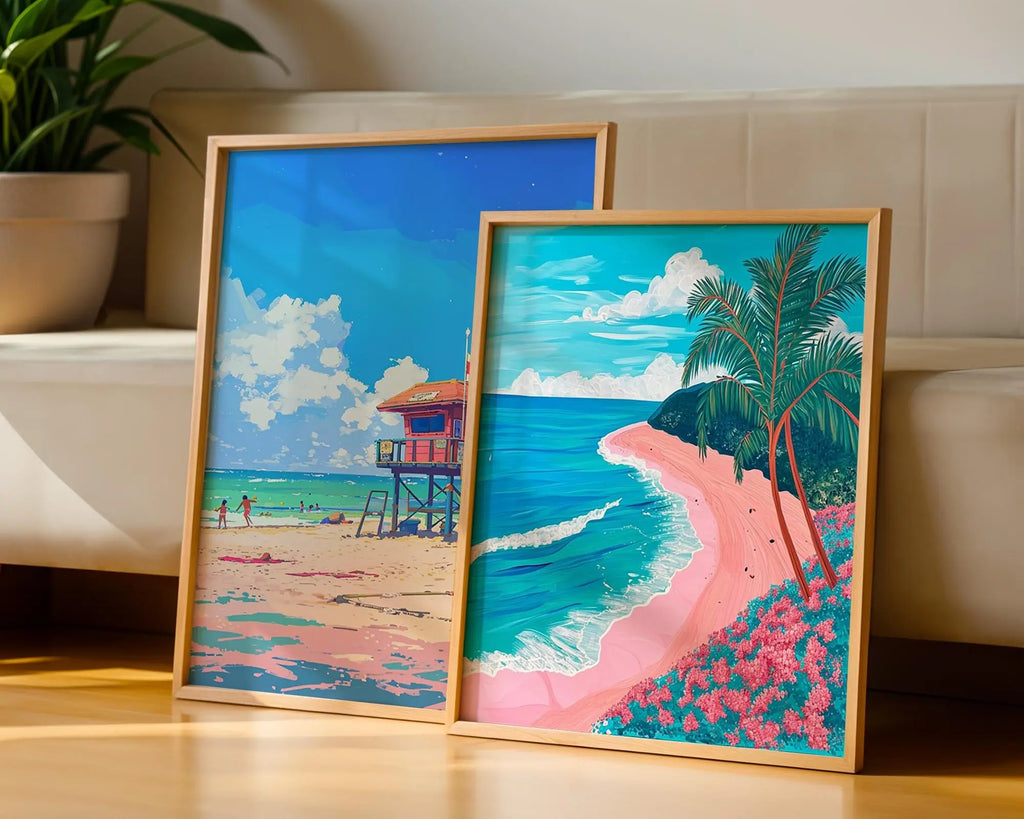 Colourful Prints | Beach Prints Set • Palm Tree & Lifeguard Tower Coastal Art wall art print, modern home decor, unframed artwork by Nomad & Nest