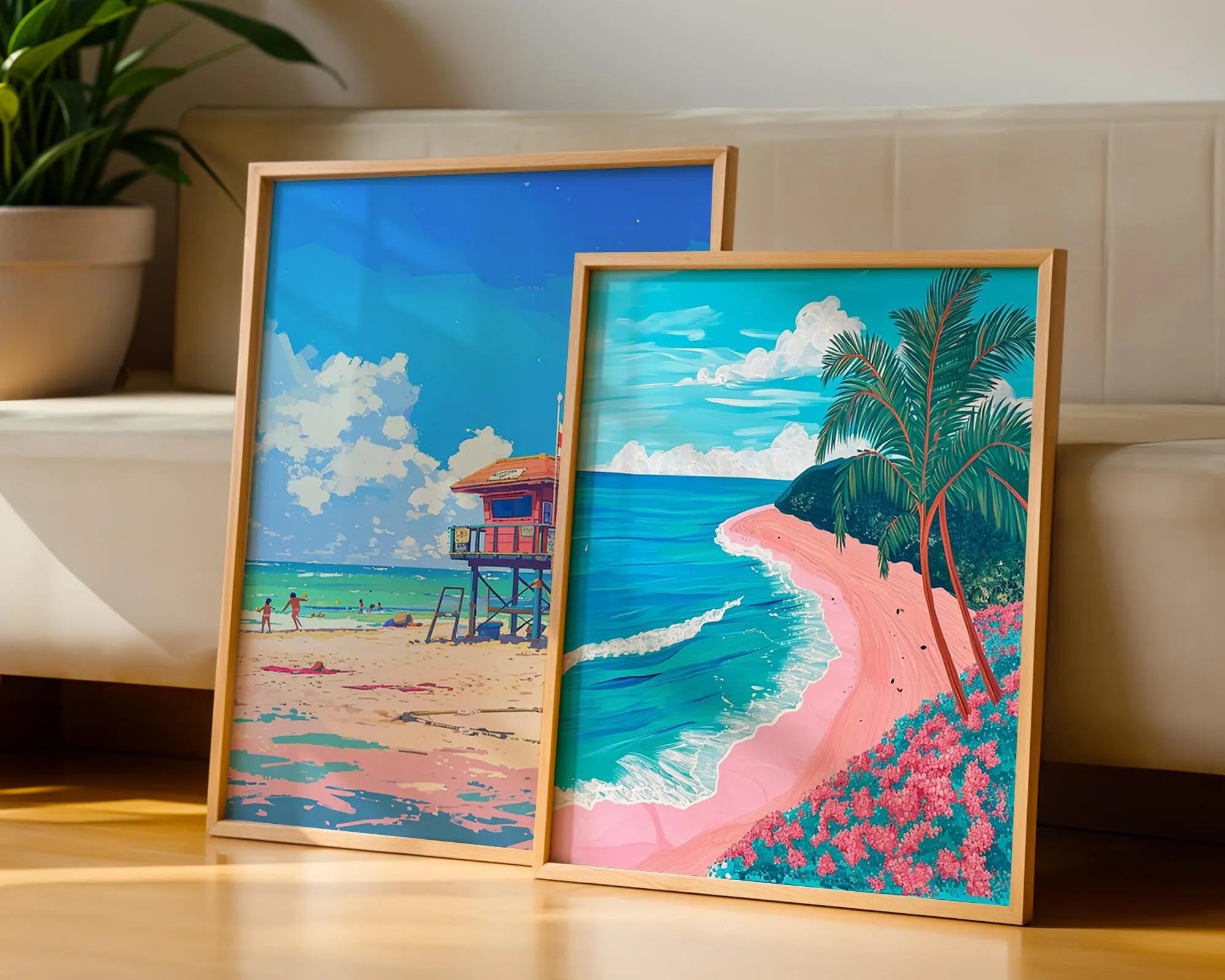 Colourful Prints | Beach Prints Set • Palm Tree & Lifeguard Tower Coastal Art wall art print, modern home decor, unframed artwork by Nomad & Nest
