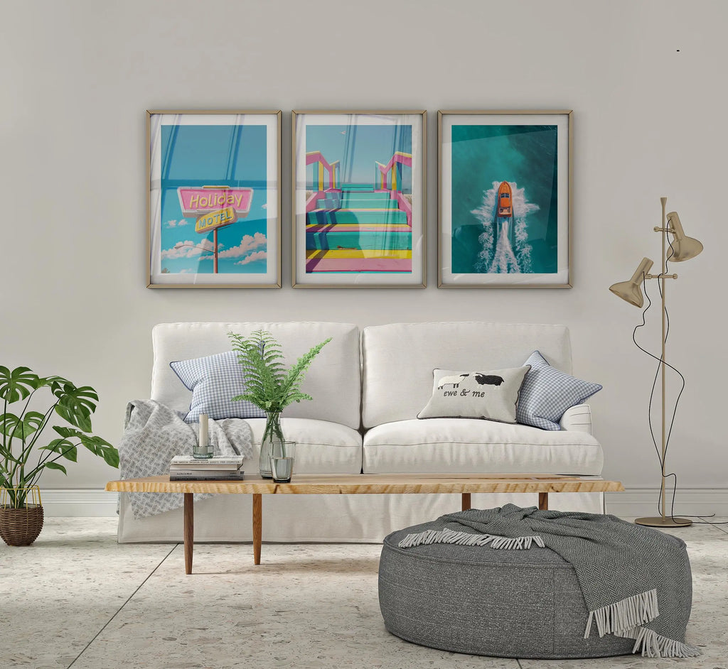 Colourful Prints | Retro Motel Wall Art Set | Vintage Summer Beach Prints Trio wall art print, modern home decor, unframed artwork by Nomad & Nest