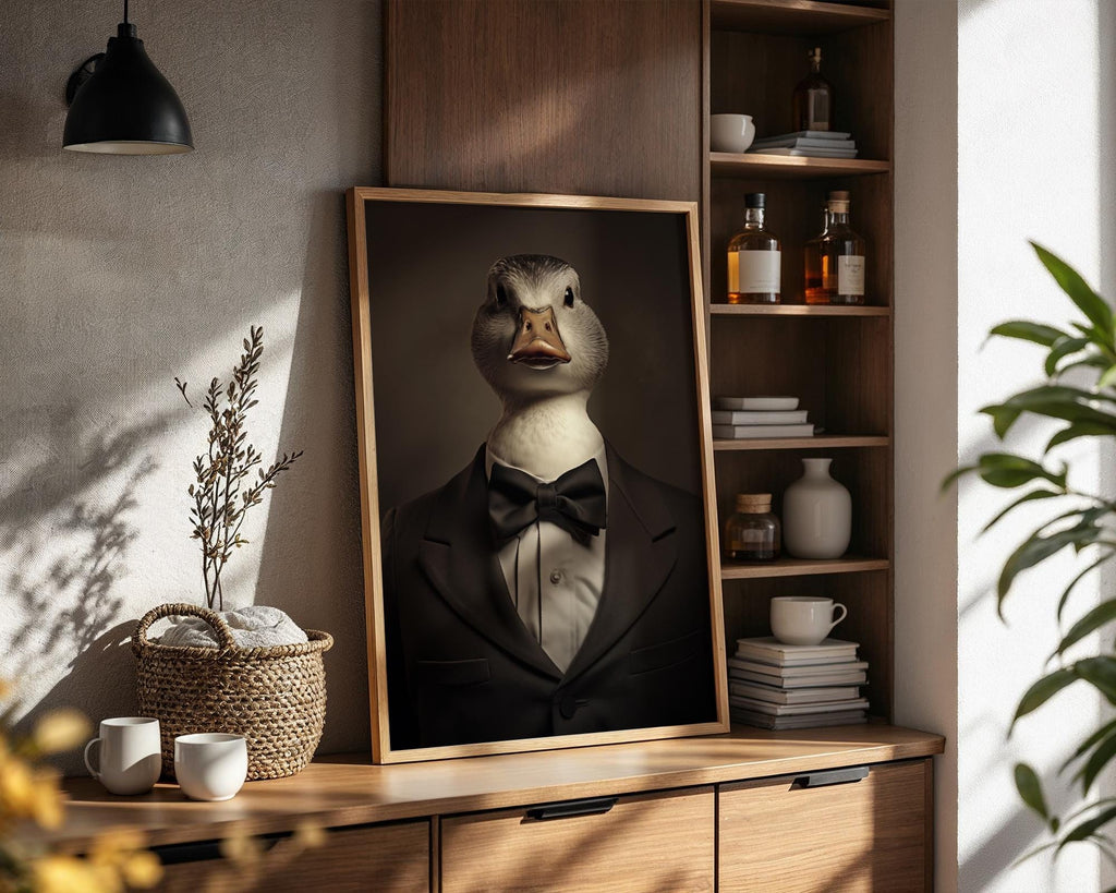 Duck in Tuxedo Art Print | Whimsical Animal Portrait wall art print, modern home decor, unframed artwork by Nomad & Nest