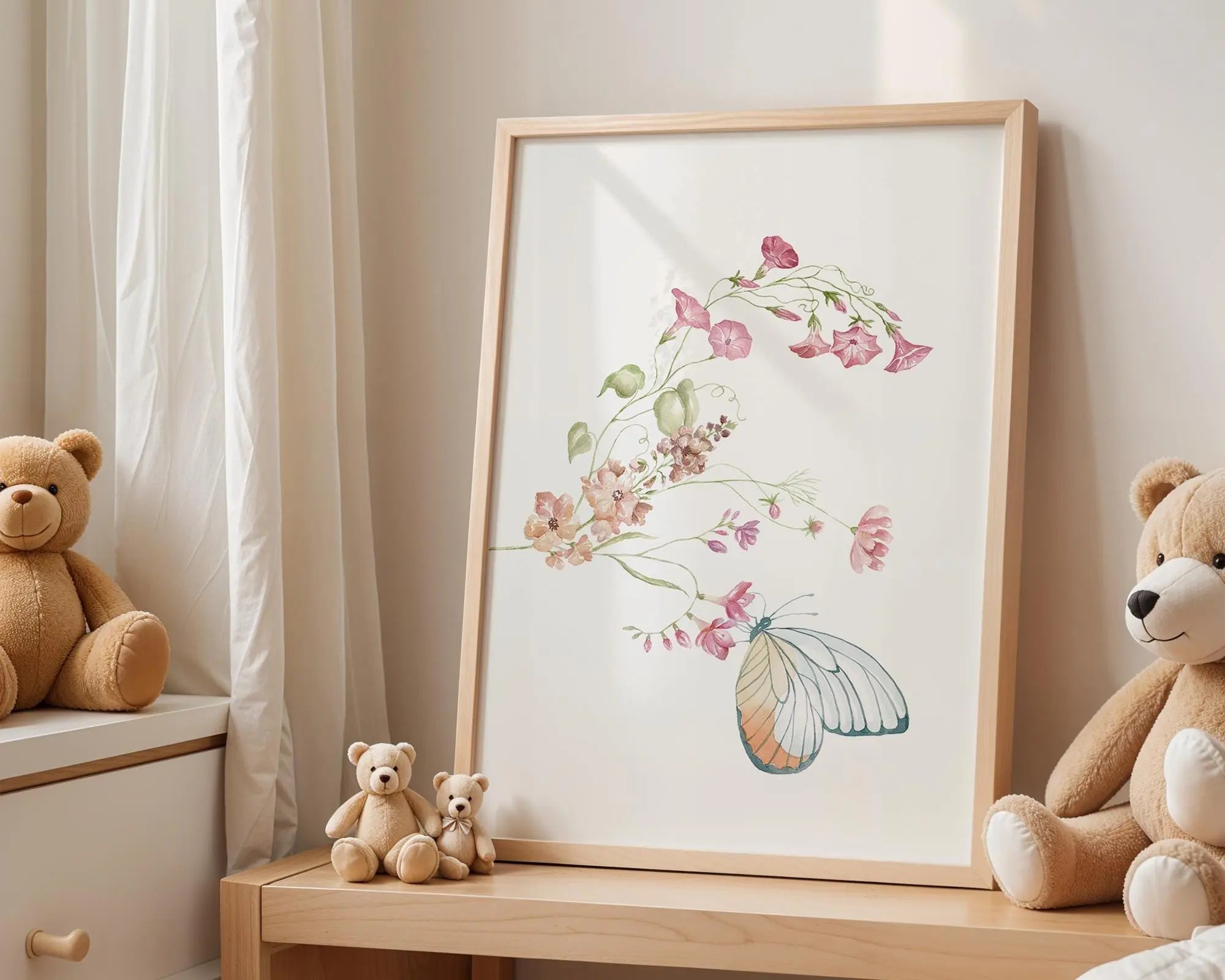 Playroom Ideas | Floral Butterfly Nursery Art – Soft Botanical Baby Print wall art print, modern home decor, unframed artwork by Nomad & Nest