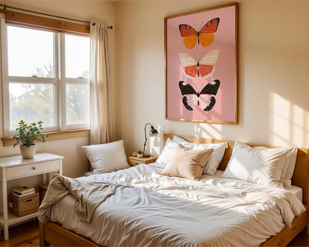 Butterflies Trio Art Print | Modern Insect Illustration, Pink Background wall art print, modern home decor, unframed artwork by Nomad & Nest