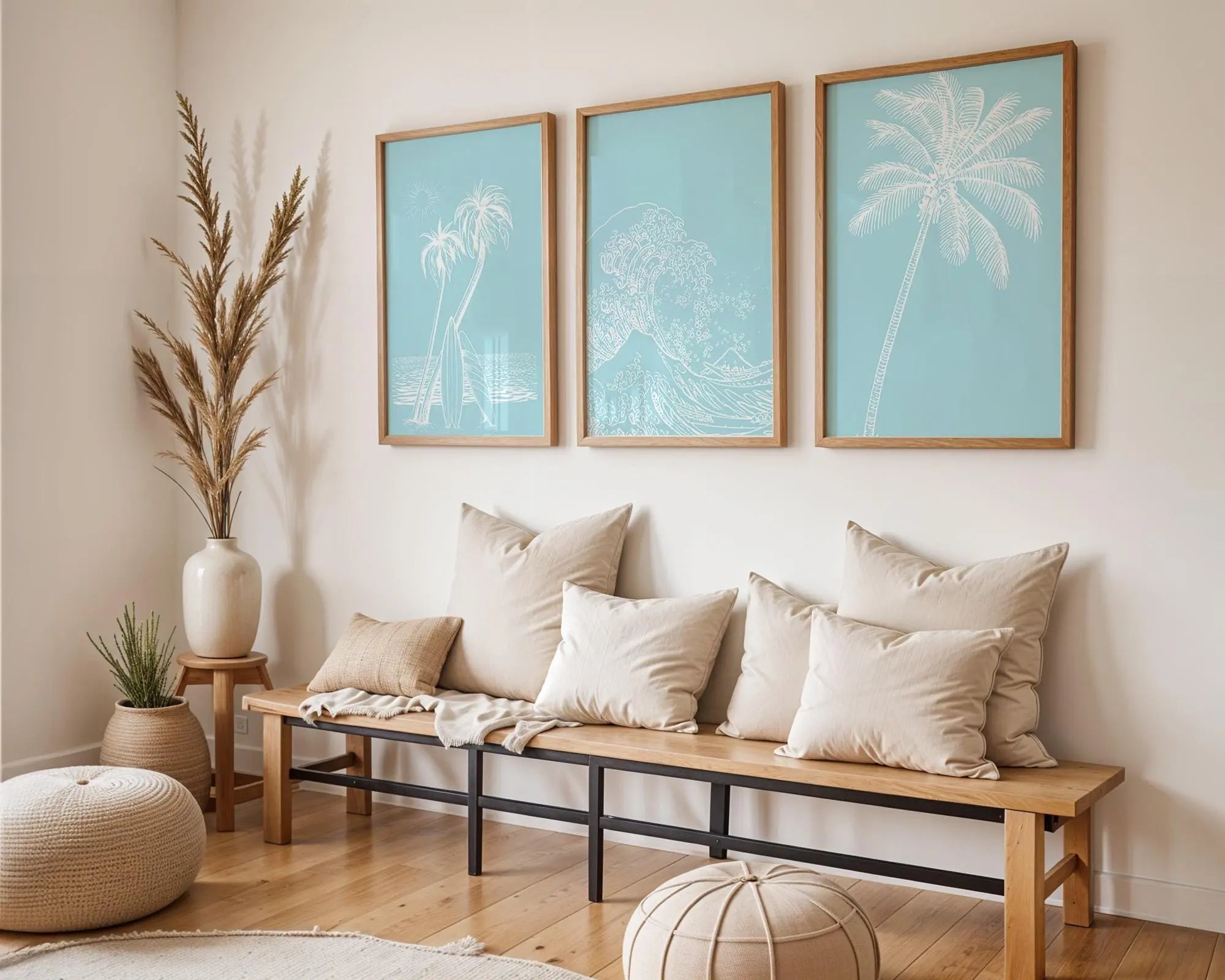 Colourful Prints | Coastal Aqua Blue Print Set • Palm, Wave, Surfboard Wall Art wall art print, modern home decor, unframed artwork by Nomad & Nest