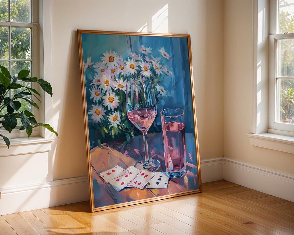 Colourful Prints | Daisy Still Life Print | Rosé, Wine, and Cards Wall Art wall art print, modern home decor, unframed artwork by Nomad & Nest