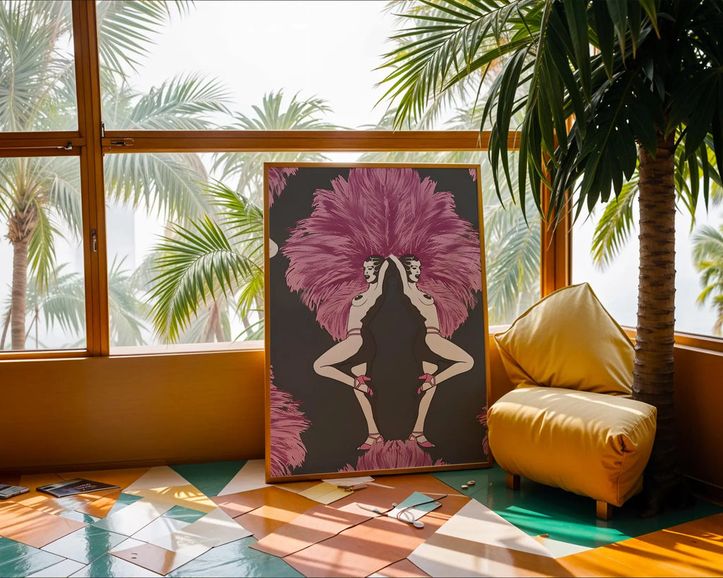Art Deco Showgirl Print | Vintage Burlesque Illustration, Pink Feathers wall art print, modern home decor, unframed artwork by Nomad & Nest