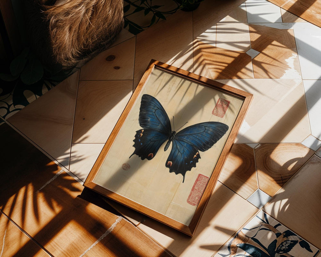 Japanese Poster | Vintage Blue Butterfly Print –  Botanical Wall Art wall art print, modern home decor, unframed artwork by Nomad & Nest
