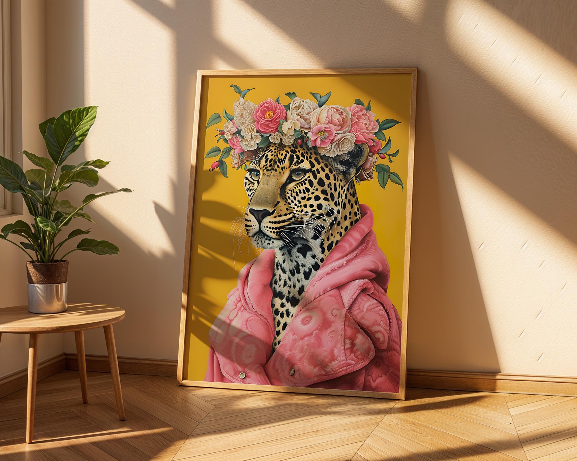 Colourful Prints | Floral Leopard Art Print | Pink Coat, Jungle Queen Portrait wall art print, modern home decor, unframed artwork by Nomad & Nest