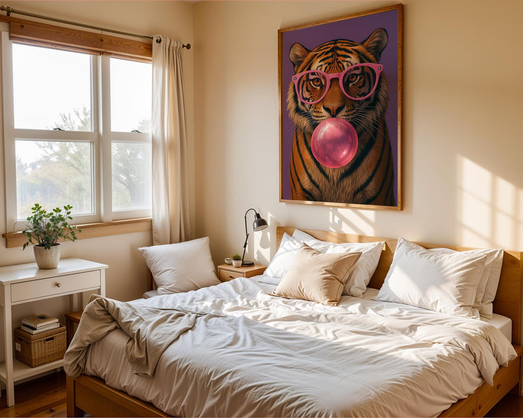 Colourful Prints | Bubblegum Tiger Print | Funky Animal Art with Pink Glasses wall art print, modern home decor, unframed artwork by Nomad & Nest