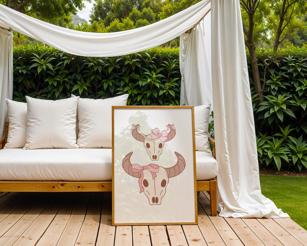 Girly Bull Skull Pair Print | Pink Bow Western Wall Art wall art print, modern home decor, unframed artwork by Nomad & Nest