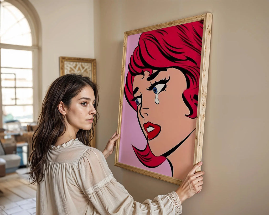 Modern Pop Art | Crying Woman  Print | Retro Comic, Pink Hair wall art print, modern home decor, unframed artwork by Nomad & Nest
