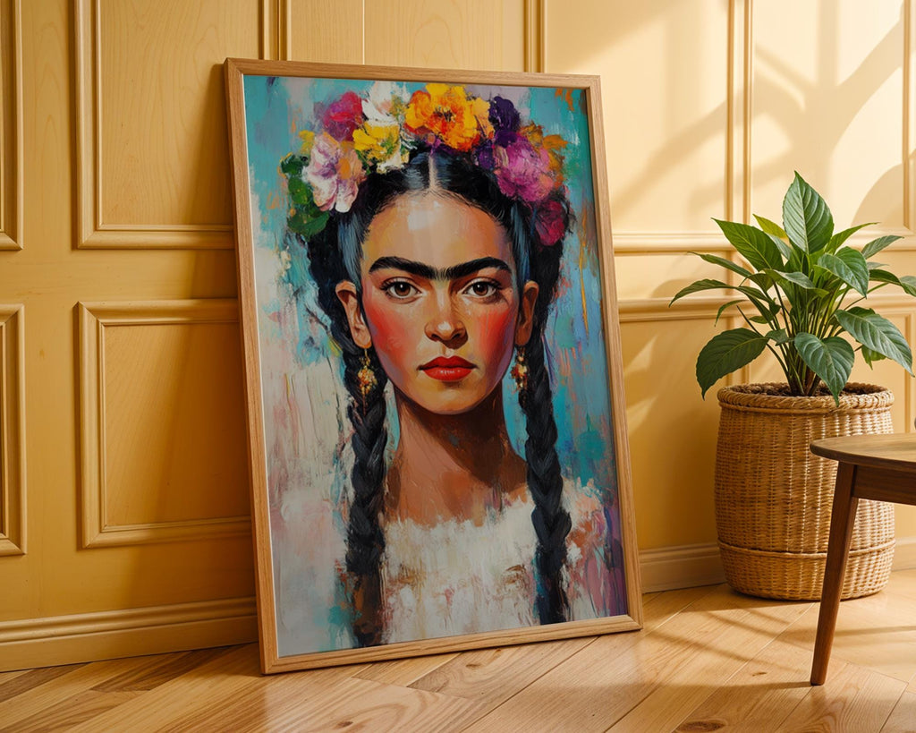 Frida Kahlo Portrait Print | Impasto Floral Crown, Mexican Folk Art wall art print, modern home decor, unframed artwork by Nomad & Nest