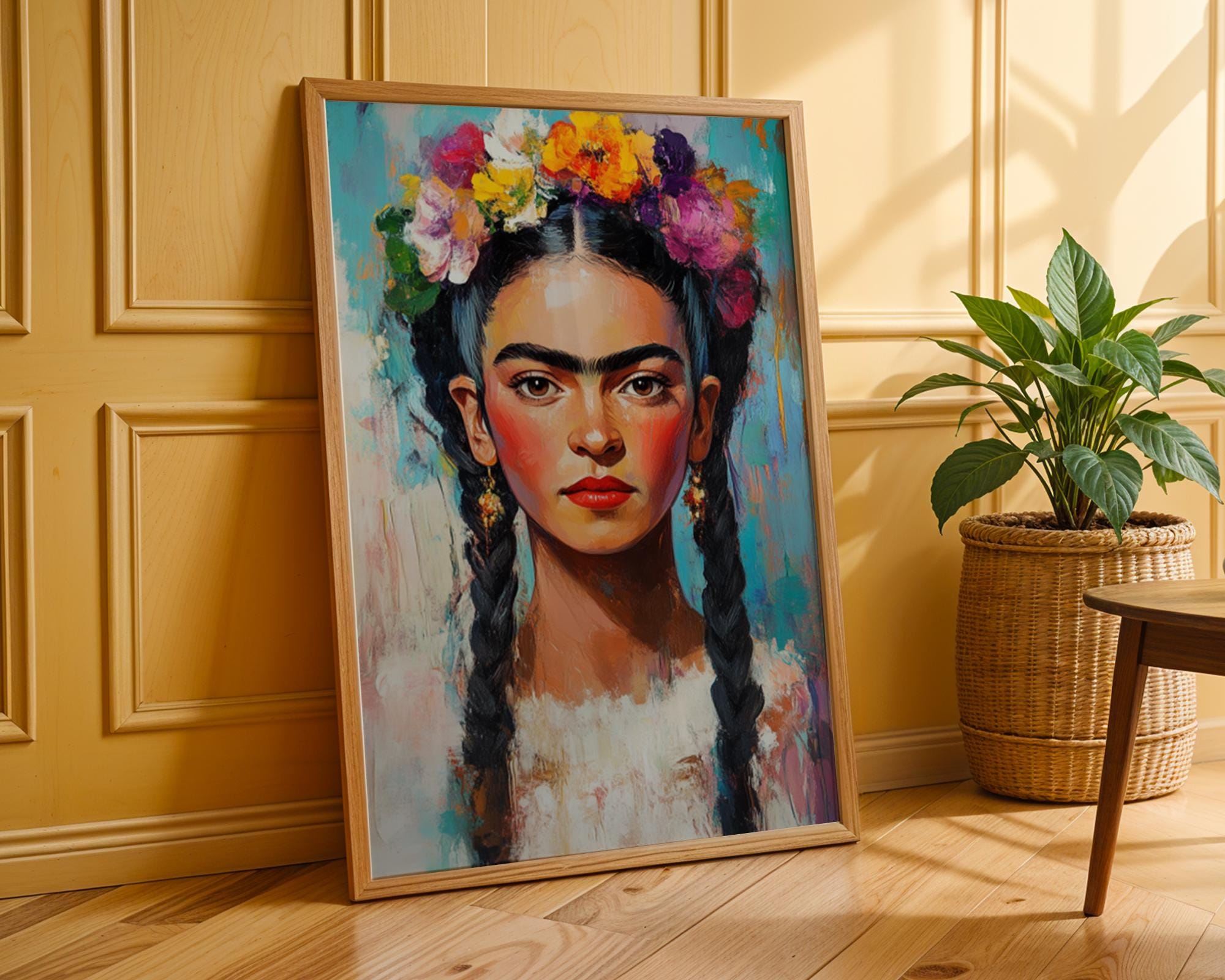 Frida Kahlo Portrait Print | Impasto Floral Crown, Mexican Folk Art wall art print, modern home decor, unframed artwork by Nomad & Nest