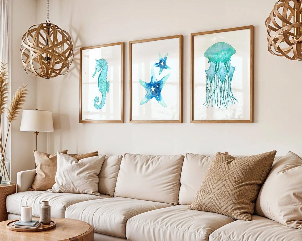 Colourful Prints | Watercolour Sea Creatures Print Set | Coastal Bathroom Decor (Set of 3) wall art print, modern home decor, unframed artwork by Nomad & Nest