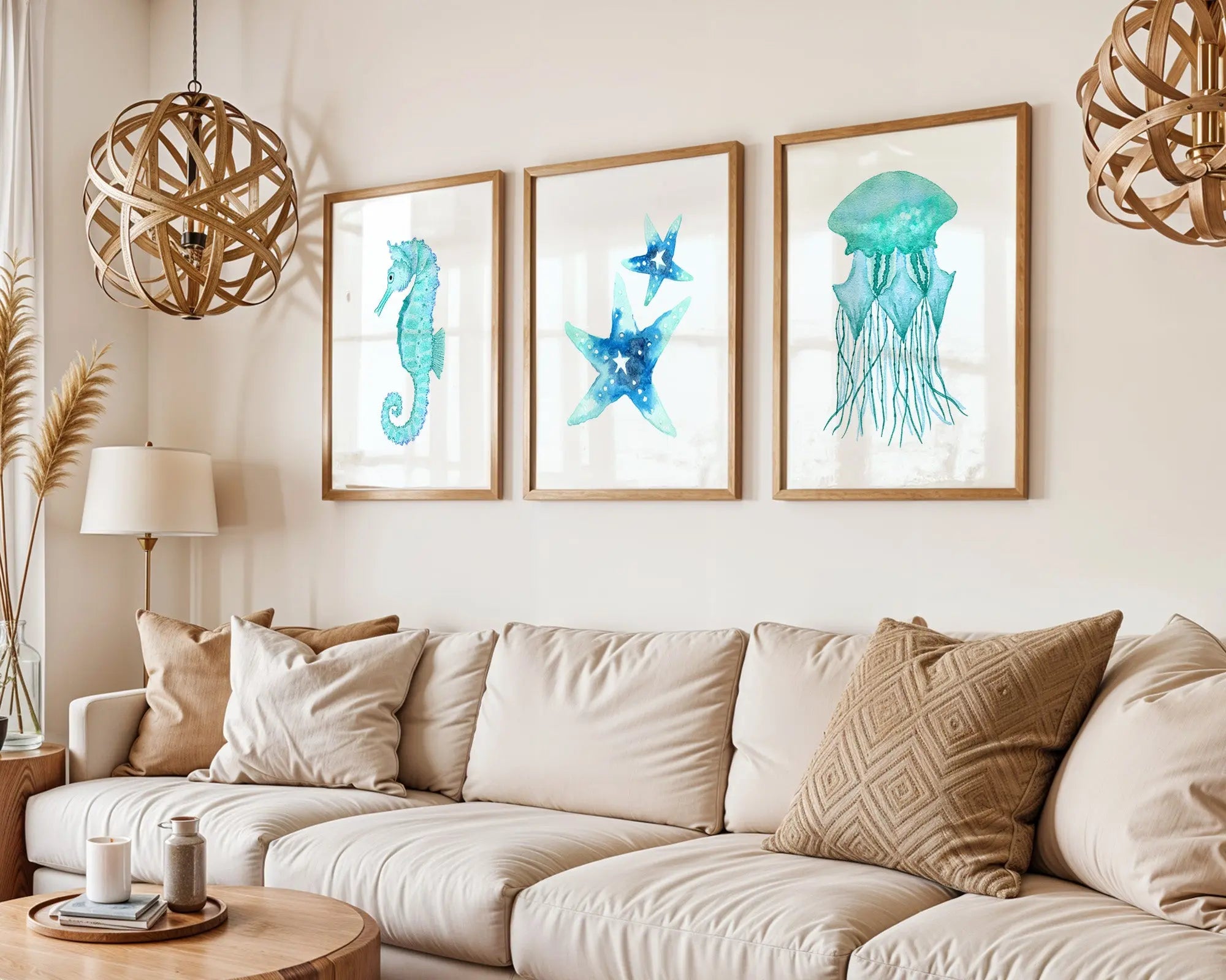 Colourful Prints | Watercolour Sea Creatures Print Set | Coastal Bathroom Decor (Set of 3) wall art print, modern home decor, unframed artwork by Nomad & Nest