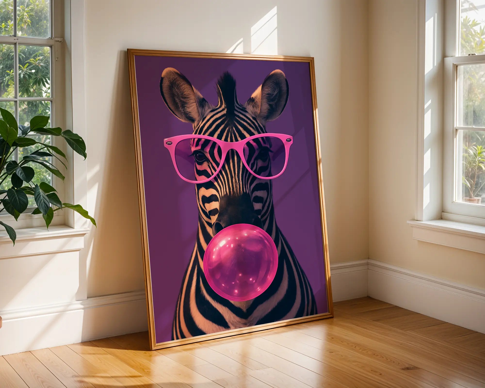 Colourful Prints | Zebra Bubblegum Art Print | Funky Pink Glasses Animal Wall Decor wall art print, modern home decor, unframed artwork by Nomad & Nest