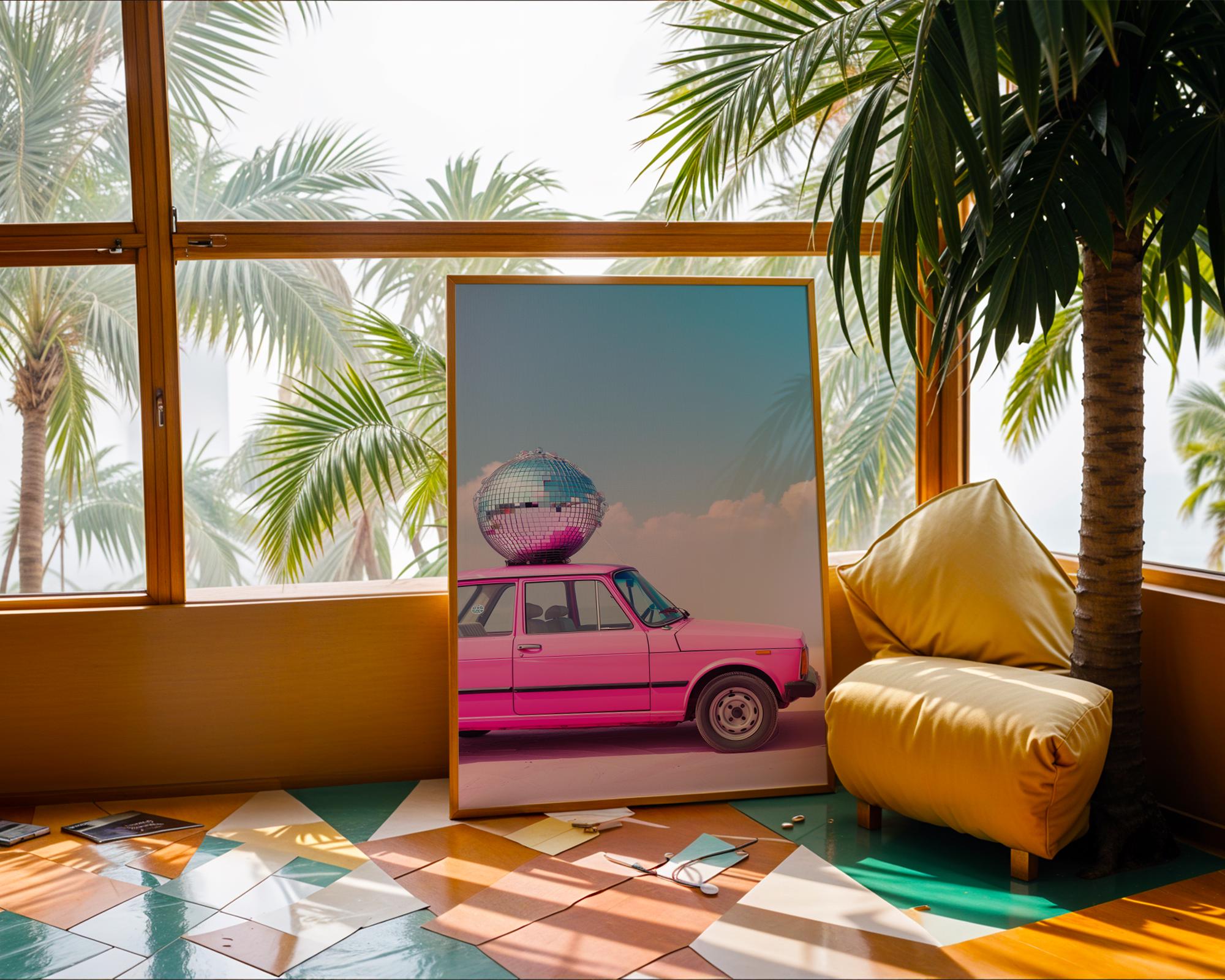 Colourful Prints | Pink Disco Car Print | Retro Pop Art for Fun Homes wall art print, modern home decor, unframed artwork by Nomad & Nest