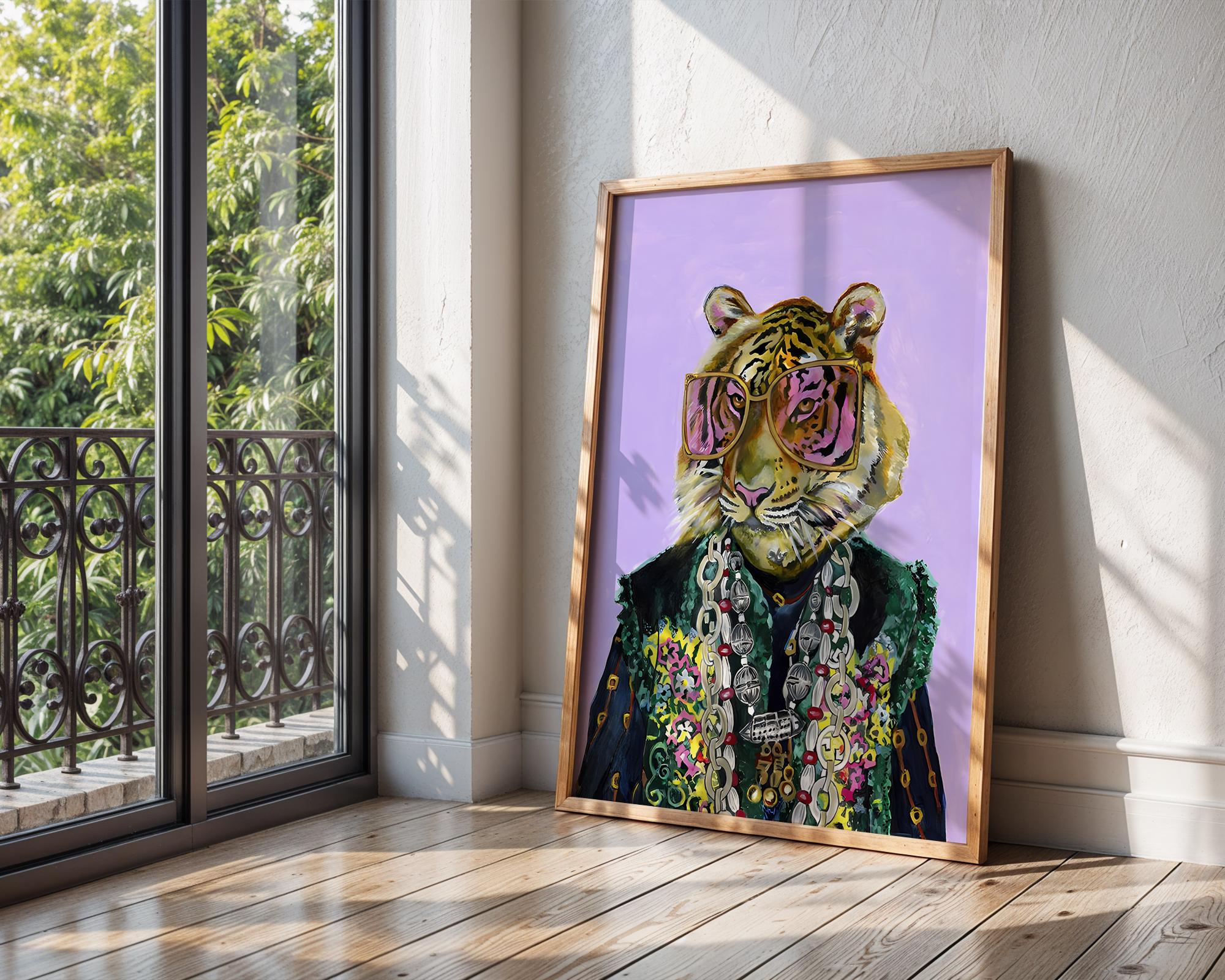 Tiger with Sunglasses Art Print | Colorful Maximalist Animal Poster wall art print, modern home decor, unframed artwork by Nomad & Nest