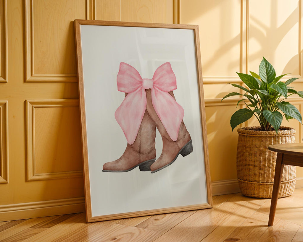 Watercolor Cowboy Boots Print | Pink Bow, Girly Western Decor wall art print, modern home decor, unframed artwork by Nomad & Nest