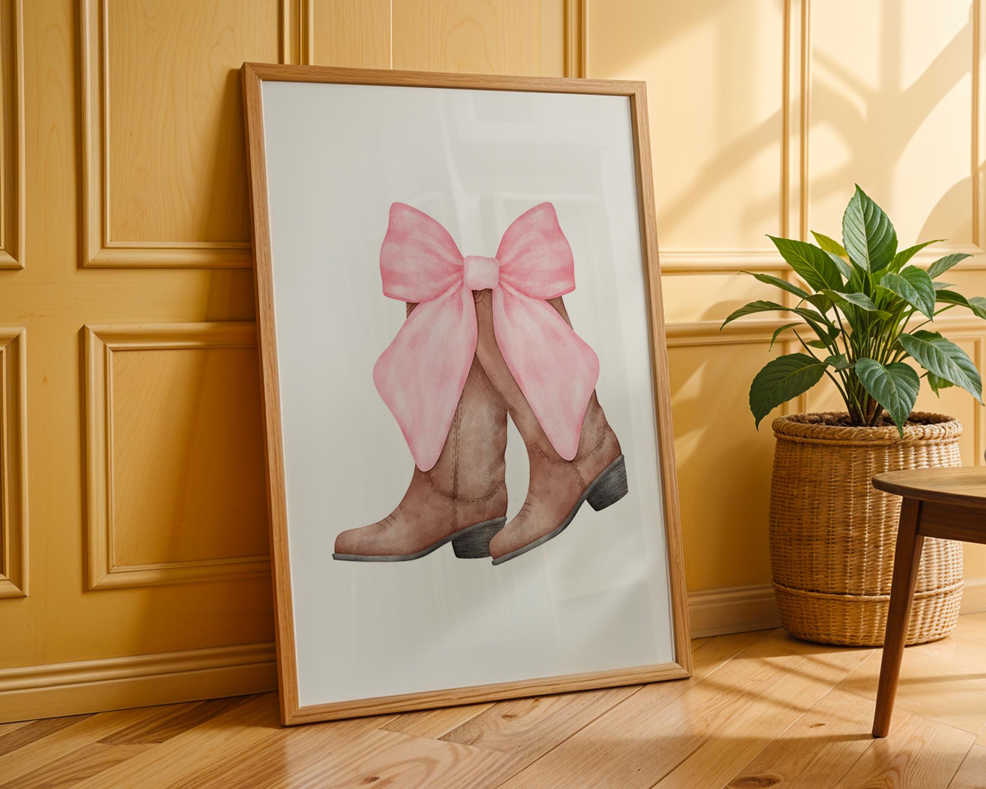 Watercolor Cowboy Boots Print | Pink Bow, Girly Western Decor wall art print, modern home decor, unframed artwork by Nomad & Nest