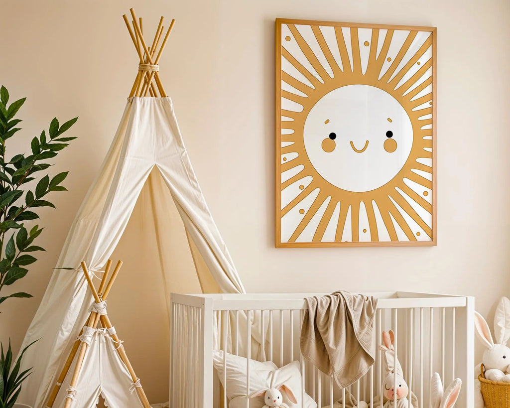 Playroom Ideas | Boho Sun Face Nursery Wall Art | Modern Celestial Baby Print wall art print, modern home decor, unframed artwork by Nomad & Nest
