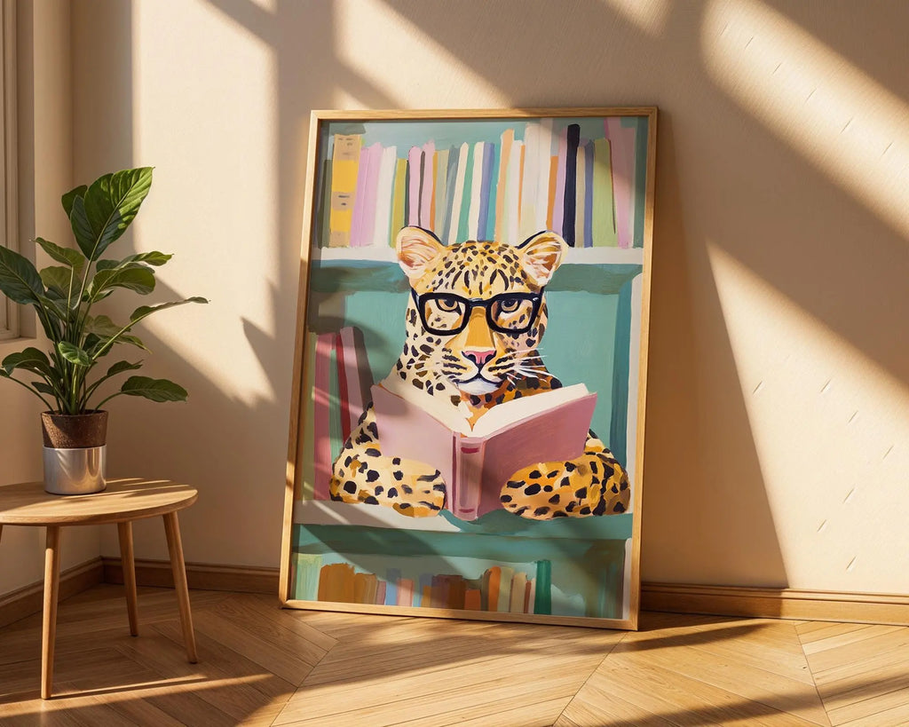 Leopard Reading Book Print | Whimsical Animal Wall Art wall art print, modern home decor, unframed artwork by Nomad & Nest