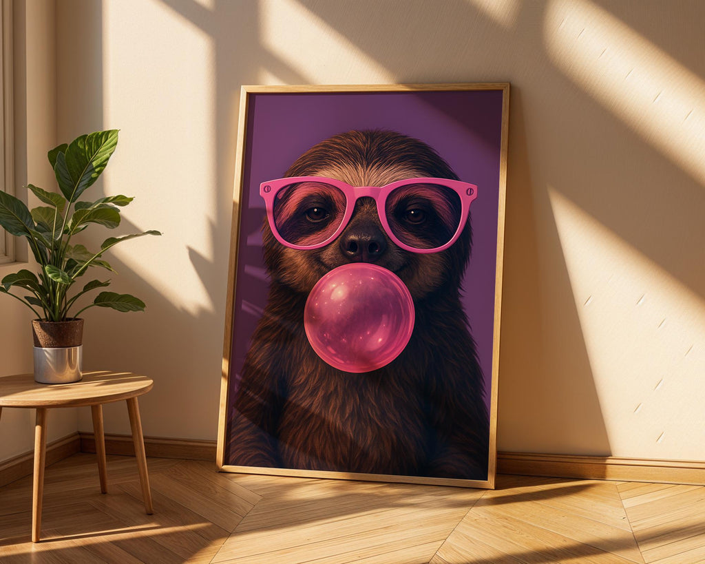 Colourful Prints | Sloth Bubblegum Print | Pink Glasses, Funky Animal Wall Art wall art print, modern home decor, unframed artwork by Nomad & Nest