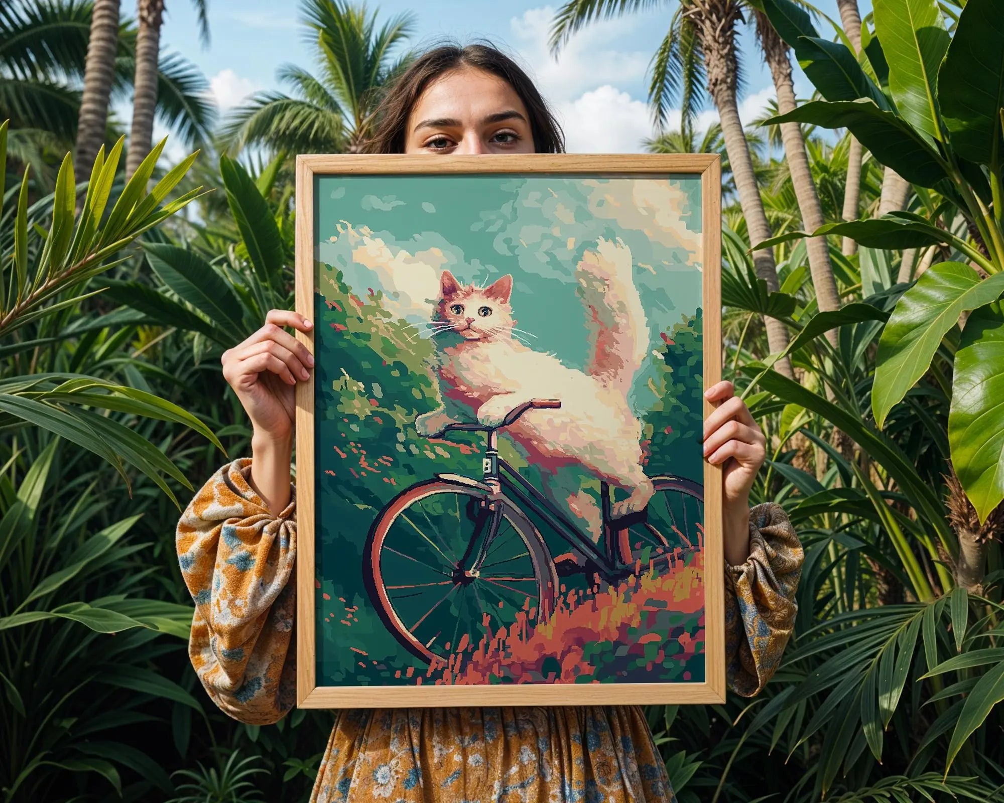 Cat on Bicycle Art Print | Retro Whimsical Illustration wall art print, modern home decor, unframed artwork by Nomad & Nest