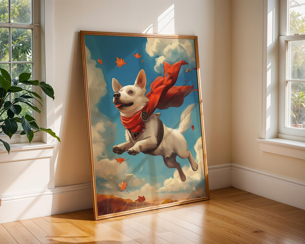 Whimsical Flying Dog Art Print | Red Scarf Pup Illustration wall art print, modern home decor, unframed artwork by Nomad & Nest