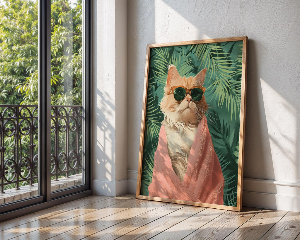 Colourful Prints | Tropical Ginger Cat Art Print | Funny Pink Towel, Palm Leaf Decor wall art print, modern home decor, unframed artwork by Nomad & Nest