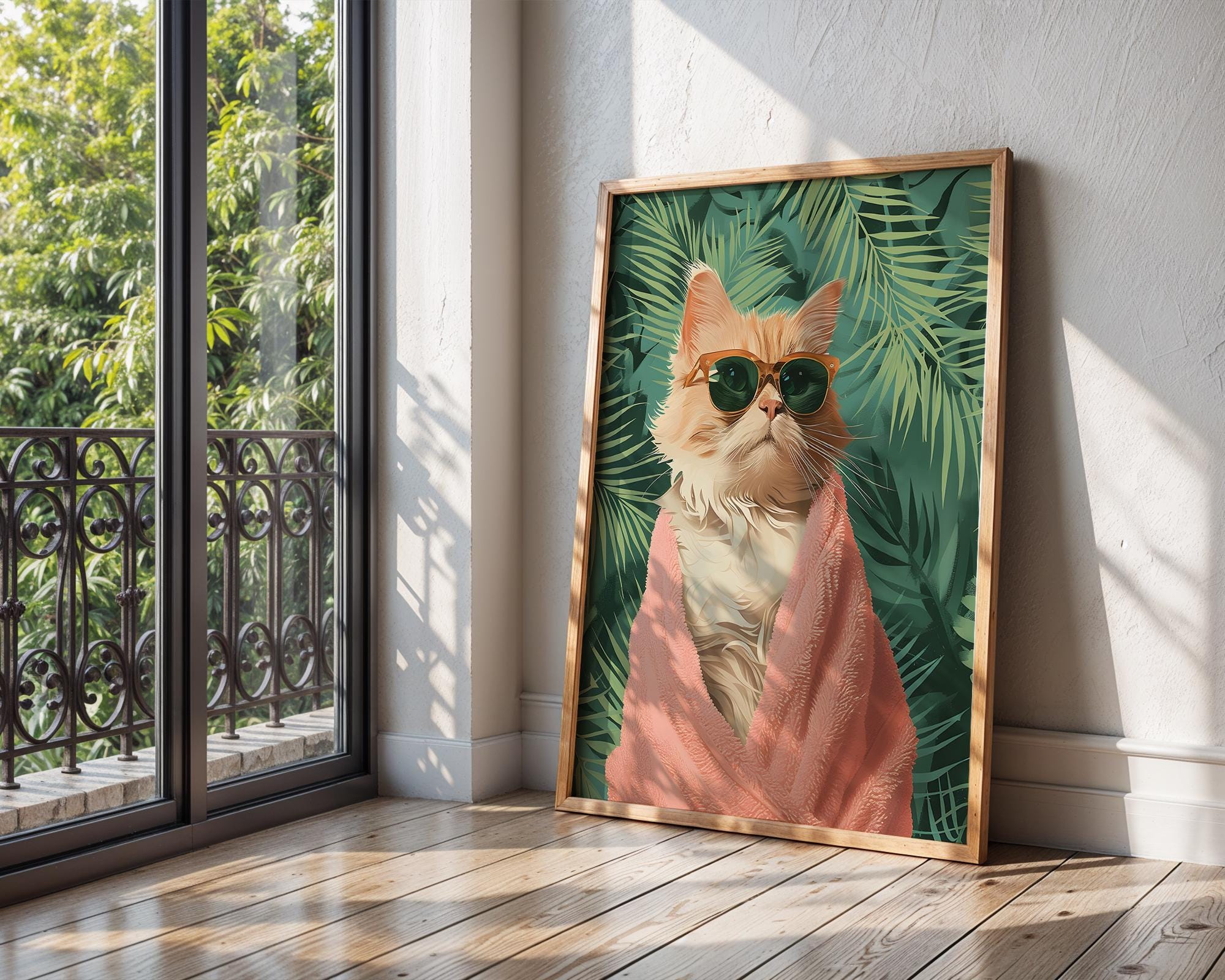Colourful Prints | Tropical Ginger Cat Art Print | Funny Pink Towel, Palm Leaf Decor wall art print, modern home decor, unframed artwork by Nomad & Nest