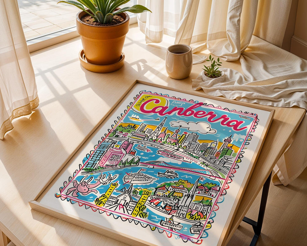 Canberra Australia Poster | Colorful Cityscape Travel Art Print wall art print, modern home decor, unframed artwork by Nomad & Nest