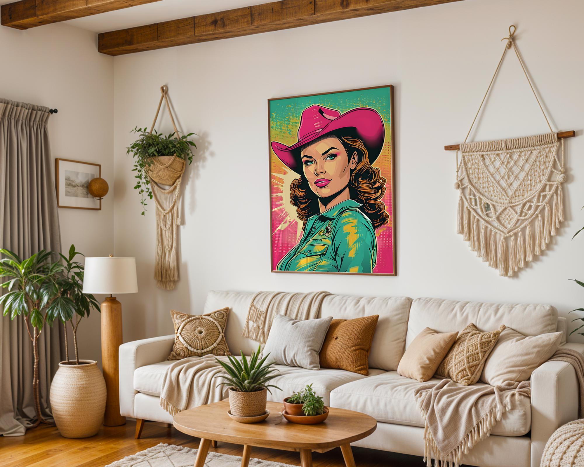 Modern Pop Art | Retro Cowgirl  Print | Vibrant Western Woman Portrait wall art print, modern home decor, unframed artwork by Nomad & Nest