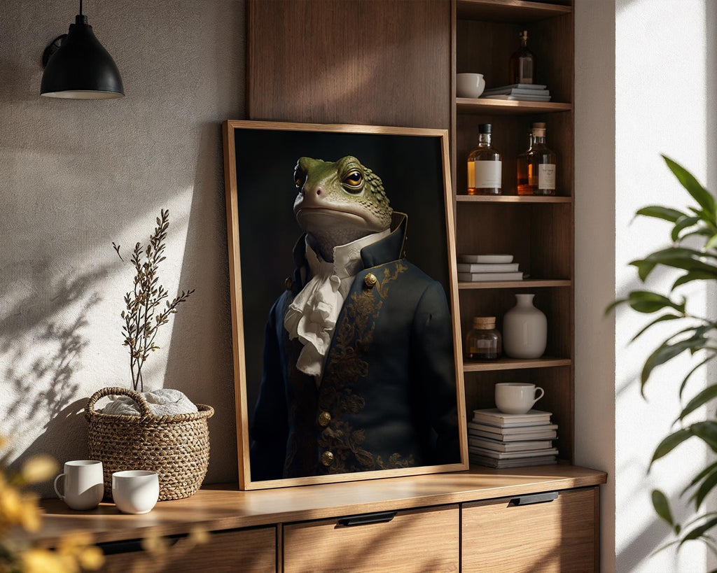 Frog Aristocrat Wall Art | Blue & Gold 18th Century Animal Portrait, Quirky Amphibian Decor wall art print, modern home decor, unframed artwork by Nomad & Nest