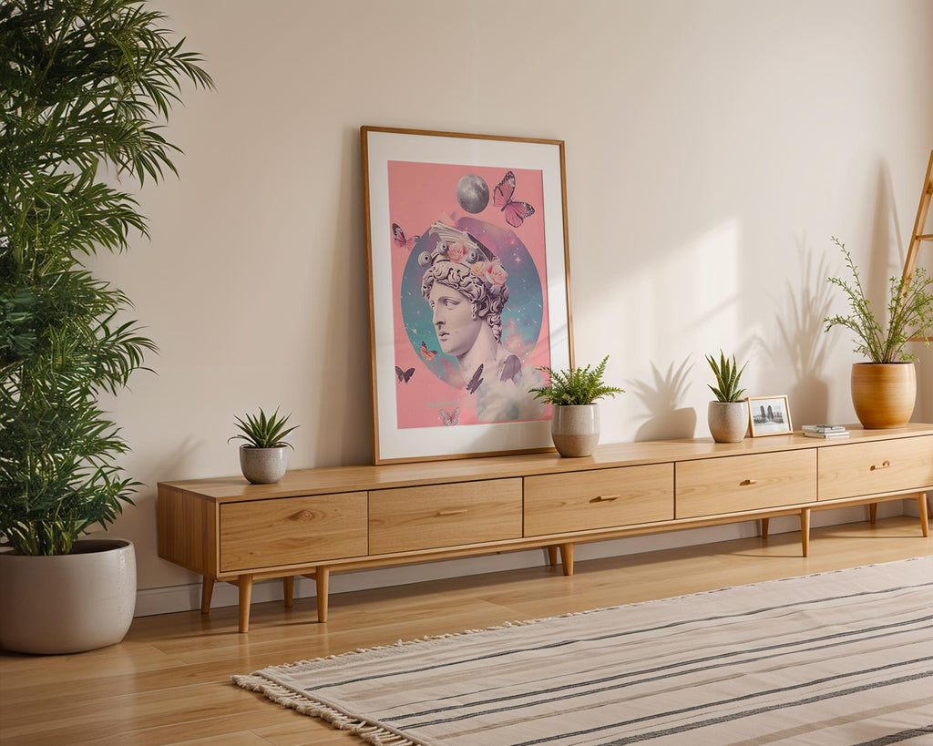 Modern Pop Art | Pink Greek Statue  Print | Surreal Butterfly Collage Poster wall art print, modern home decor, unframed artwork by Nomad & Nest