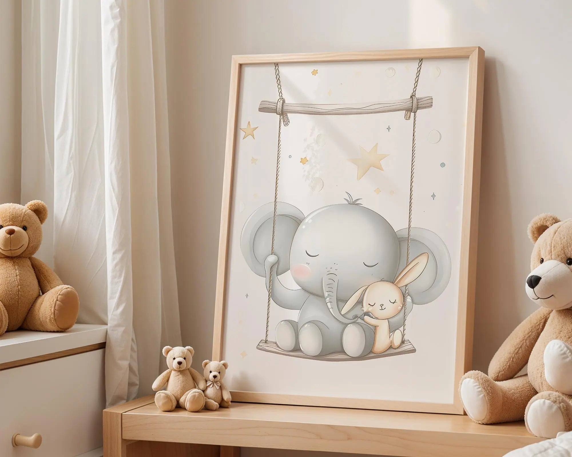 Playroom Ideas | Elephant Swing Nursery Art | Neutral Safari Baby Print wall art print, modern home decor, unframed artwork by Nomad & Nest