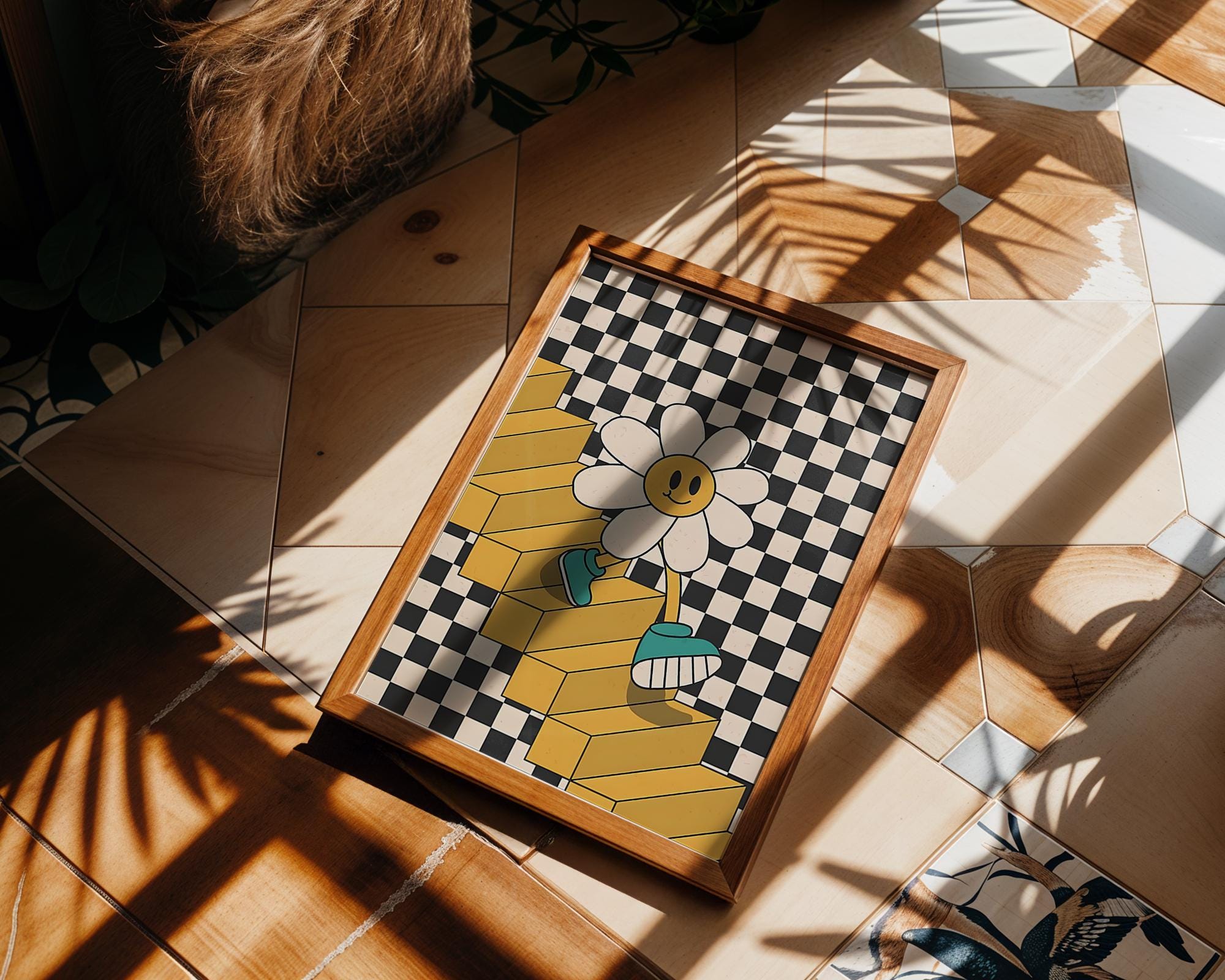 Modern Pop Art | Retro 70s Daisy Flower Print | Checkerboard Staircase  Poster wall art print, modern home decor, unframed artwork by Nomad & Nest