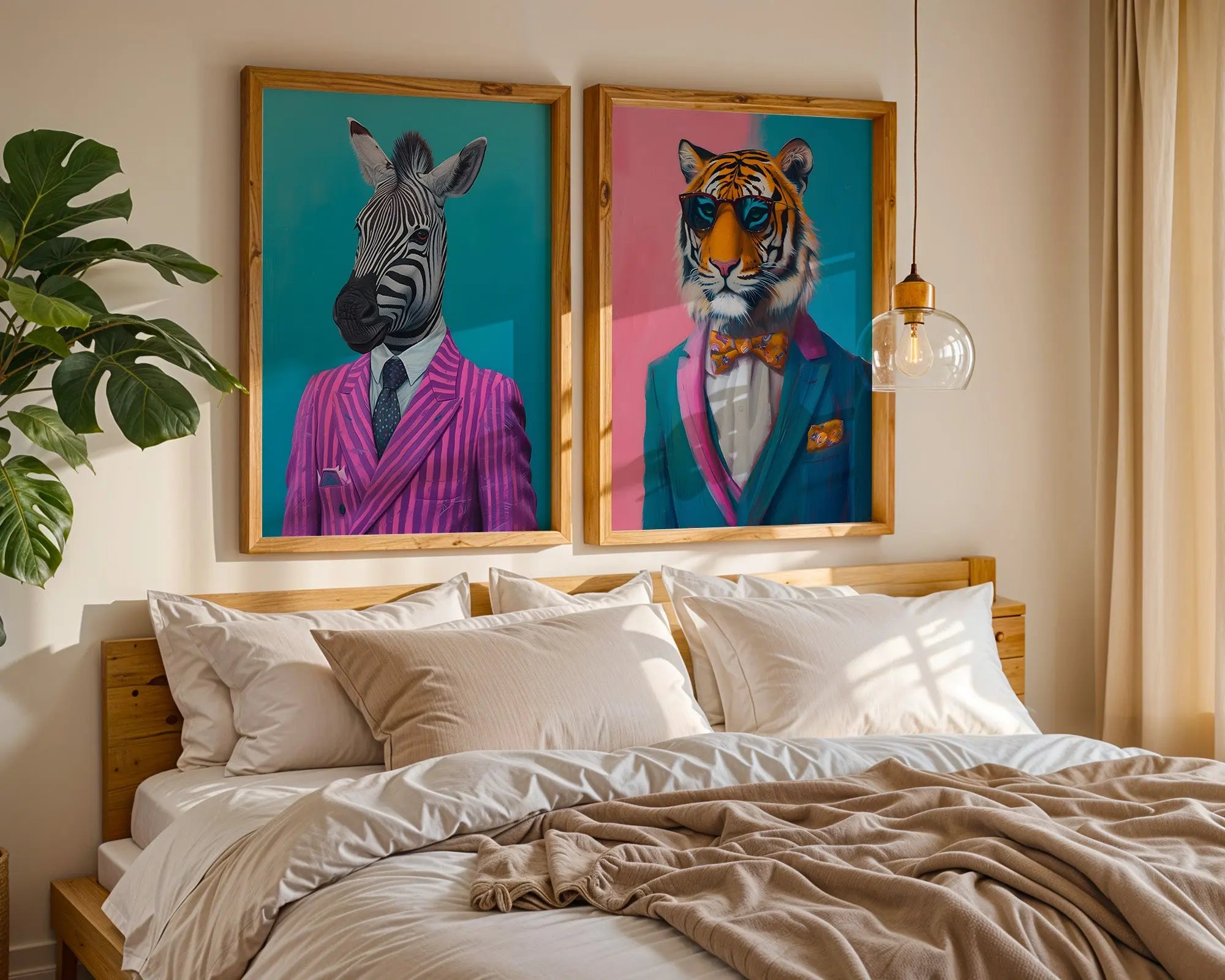 Colourful Prints | Zebra and Tiger Dressed in Suits | Animal Portrait (Set of 2) wall art print, modern home decor, unframed artwork by Nomad & Nest