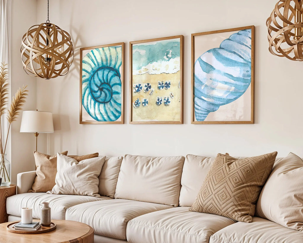 Colourful Prints | Beach Wall Art Prints | Nautical Seashell & Umbrella Watercolour (Set of 3) wall art print, modern home decor, unframed artwork by Nomad & Nest