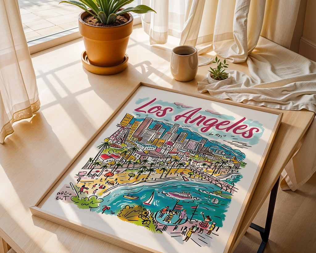 Los Angeles Cityscape Poster | Colorful, Hand-Drawn LA Travel Print wall art print, modern home decor, unframed artwork by Nomad & Nest