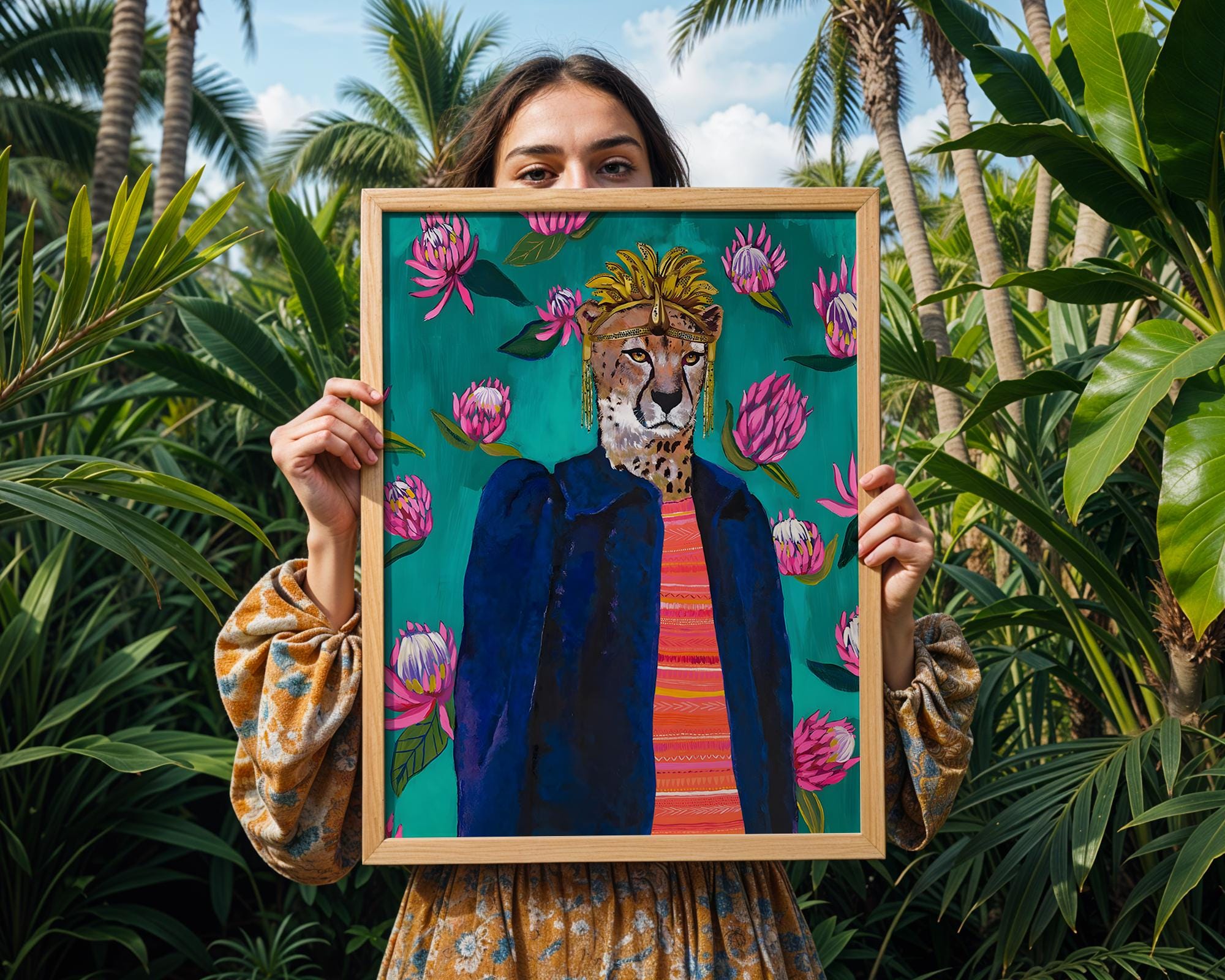 Cheetah Portrait Art Print | Maximalist Animal, Tropical Flowers wall art print, modern home decor, unframed artwork by Nomad & Nest