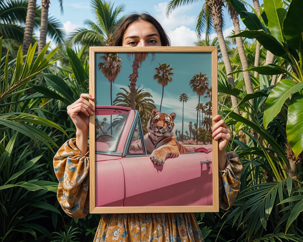 Colourful Prints | Tiger in Pink Convertible Art Print | Retro Jungle Poster wall art print, modern home decor, unframed artwork by Nomad & Nest