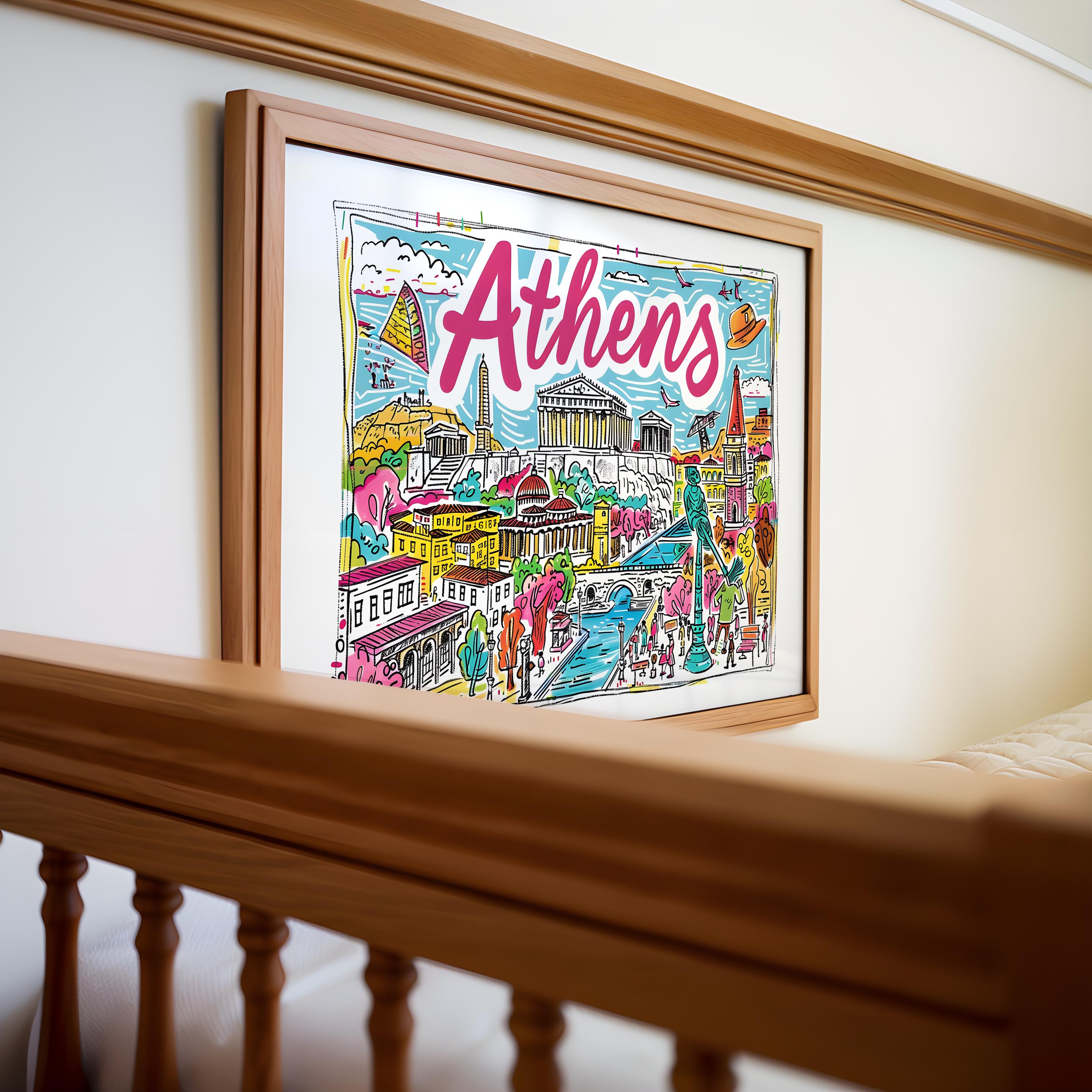 Athens Greece Travel Poster | Colorful Parthenon Art Print wall art print, modern home decor, unframed artwork by Nomad & Nest