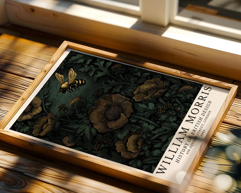 William Morris Print Bee Art  | Vintage Dark Floral Botanical Poster wall art print, modern home decor, unframed artwork by Nomad & Nest