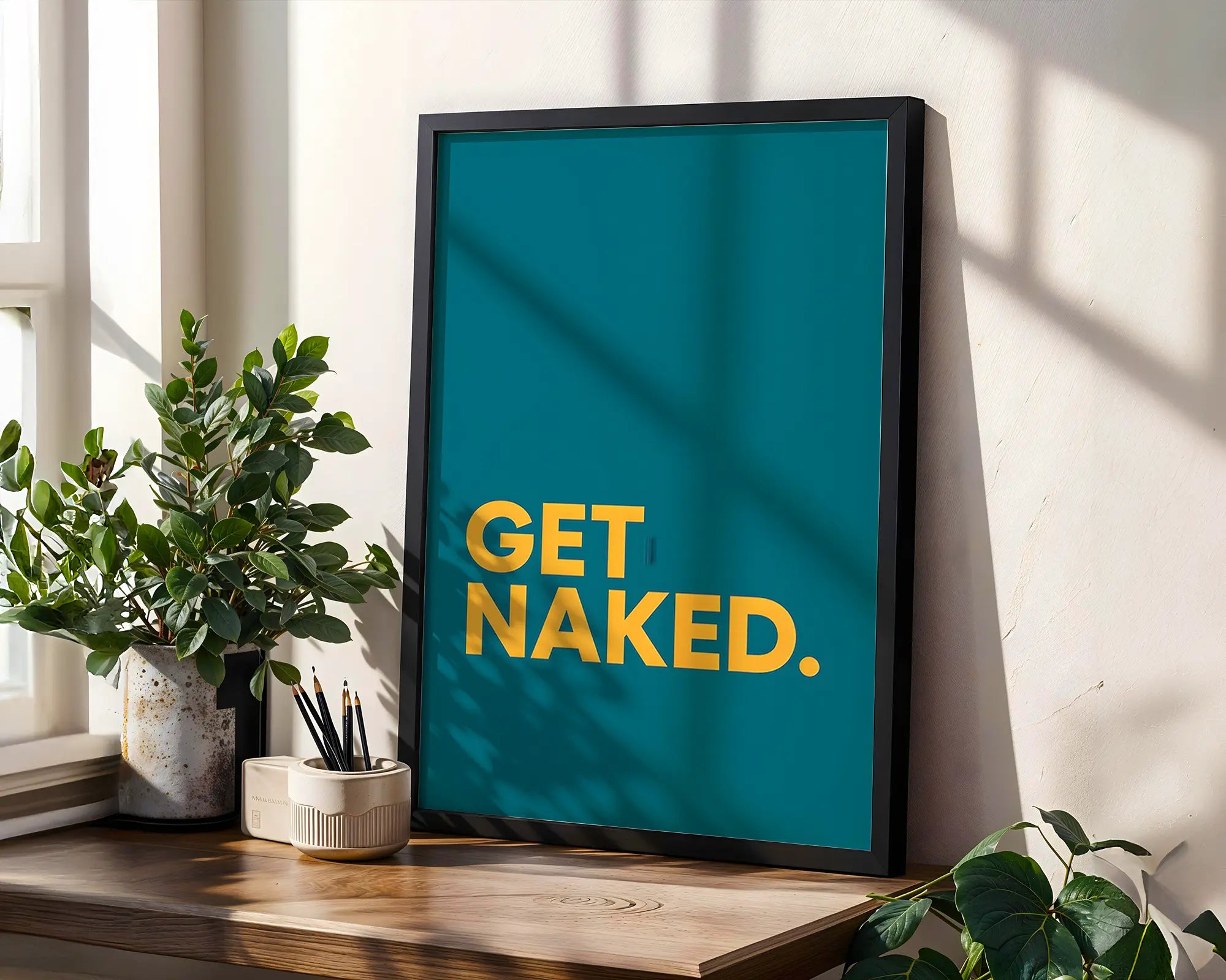 Positive Emotion | Get Naked Wall Art | Bold Modern Typography | Playful Bathroom Decor | Minimal Statement Poster wall art print, modern home decor, unframed artwork by Nomad & Nest